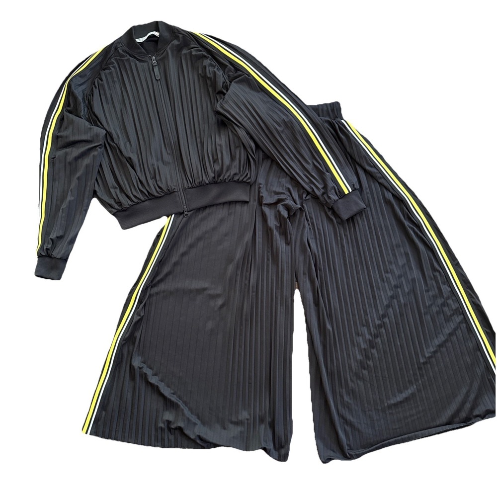 Onitsuka Tiger Track Suit Women Large Black Pleated Jacket Wide Leg Pants Set